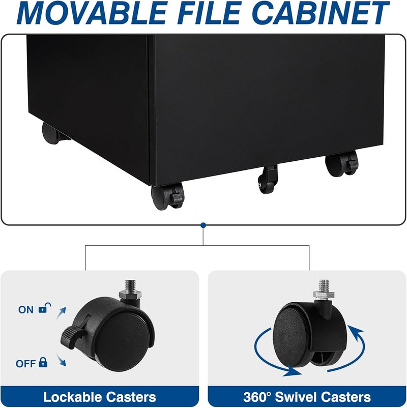 Fesbos 3 Drawer Mobile Metal File Cabinet, Black Filling Cabinets with Lock, Pre-Built Office Storage File Cabinet with Wheels Under Desk - Assembled Required - Image 5
